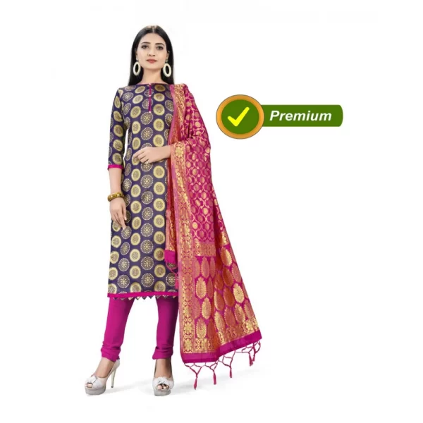 Generic Banarasi Silk Unstitched Salwar-Suit Material Premium Quality With Dupatta (Color: Navy Blue) - Image 6