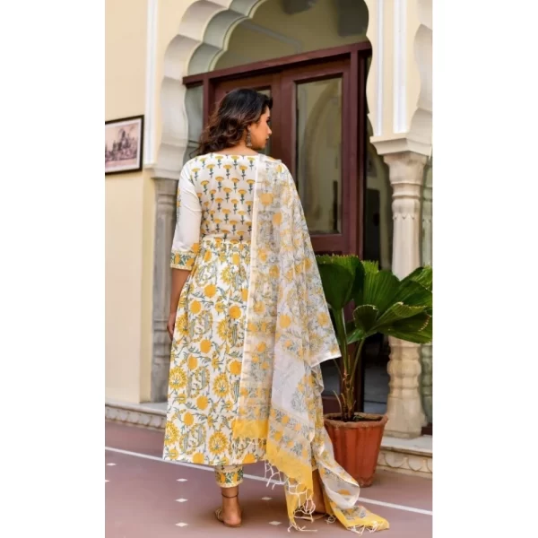 Generic Women's Cotton Blend Printed Work Kurti With Bottom And Dupatta Set (Yellow) - Image 2