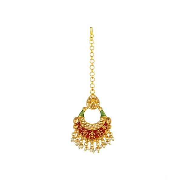 Generic Women's Rose Gold Plated Alloy Kundan Earrings & Mangtikka (Red & Green) - Image 5