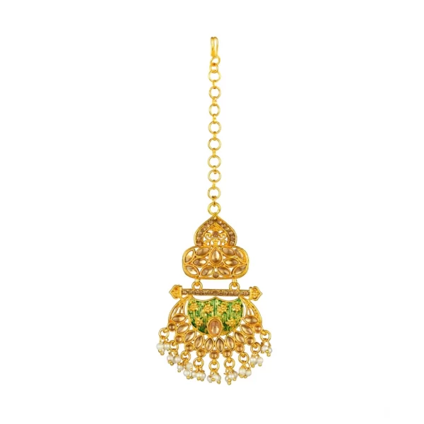 Generic Women's Rose Gold Plated Alloy Kundan Earrings & Mangtikka (Green) - Image 3