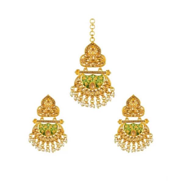 Generic Women's Rose Gold Plated Alloy Kundan Earrings & Mangtikka (Green) - Image 5
