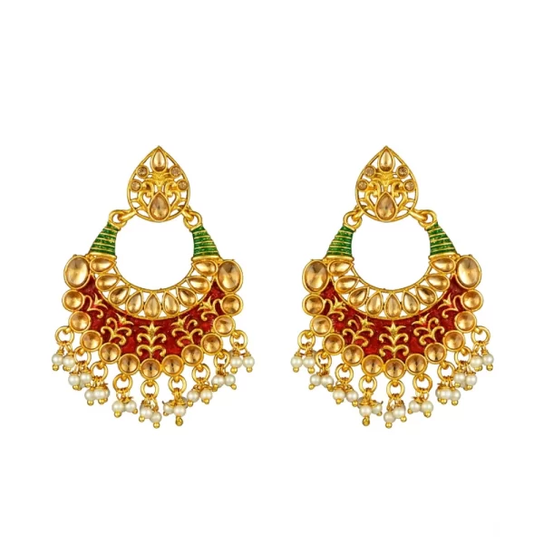 Generic Women's Rose Gold Plated Alloy Kundan Earrings & Mangtikka (Red & Green) - Image 2