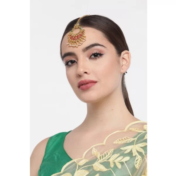 Generic Women's Rose Gold Plated Alloy Kundan Earrings & Mangtikka (Red & Green) - Image 4