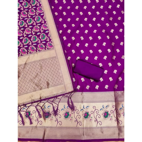 Generic Women's Banarasi Silk Printed Unstitched Salwar Suit Material With Dupatta (Purple, 3Mtrs) - Image 2