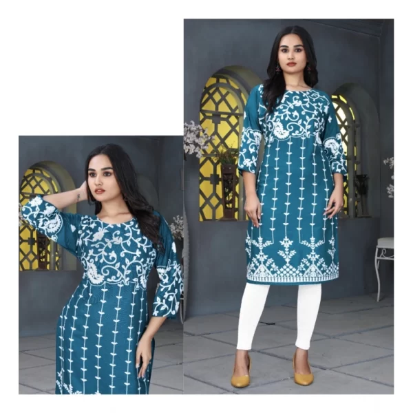 Generic Women's Rayon Printed Round Neck 3-4th Sleeve Kurti (Rama) - Image 3