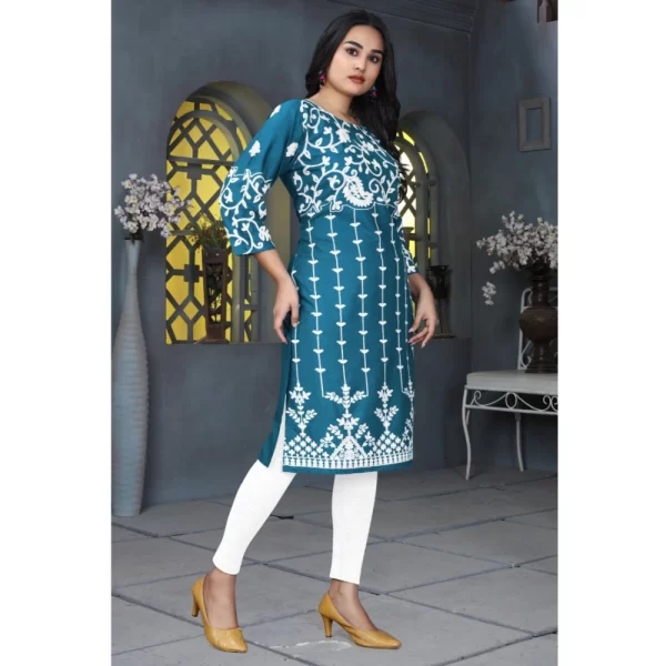 Generic Women's Rayon Printed Round Neck 3-4th Sleeve Kurti (Rama) - Image 4