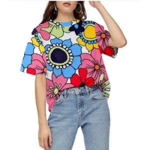 Generic Women's Lycra Printed Round Neck Short Sleeve T-Shirt (Multicolor)
