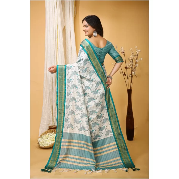 Generic Women's Soft Cotton Silk Printed Saree With Unstitched Blouse 5.5Mtr (Turquoise) - Image 4