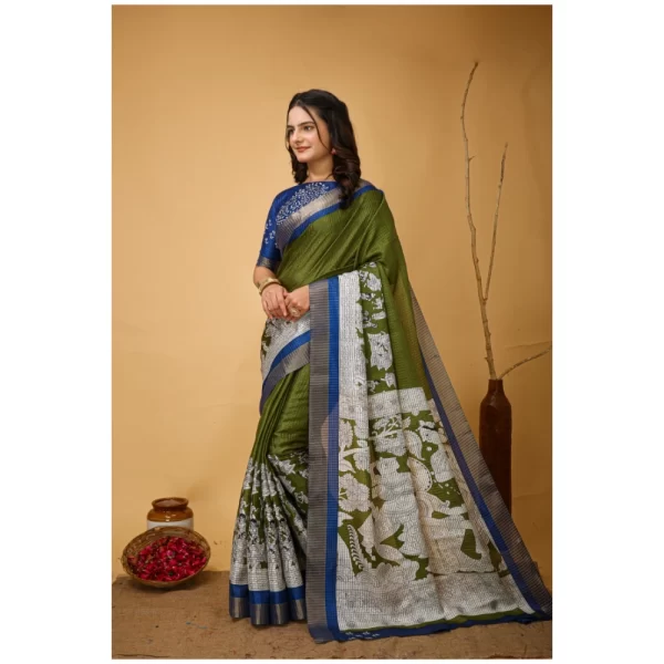 Generic Women's Soft Handloom Cotton Kalamkari Printed Saree With Unstitched Blouse 5.5Mtr (Mehendi) - Image 3