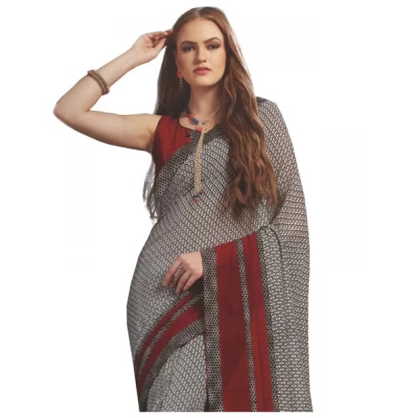 Generic Womens Georgette Digital Printed Saree (Grey, Red, 6.25 Mtr) - Image 2