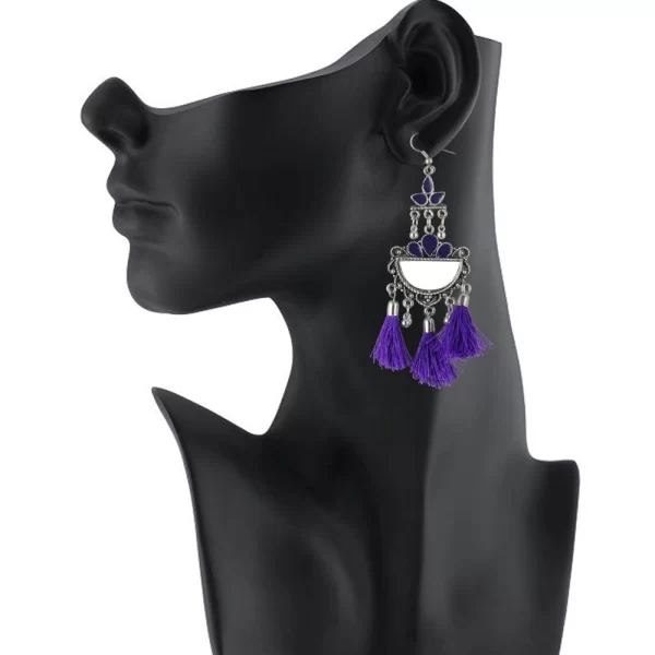 Generic Women's Silver Plated Afgani Tassel Earrings-Purple - Image 2