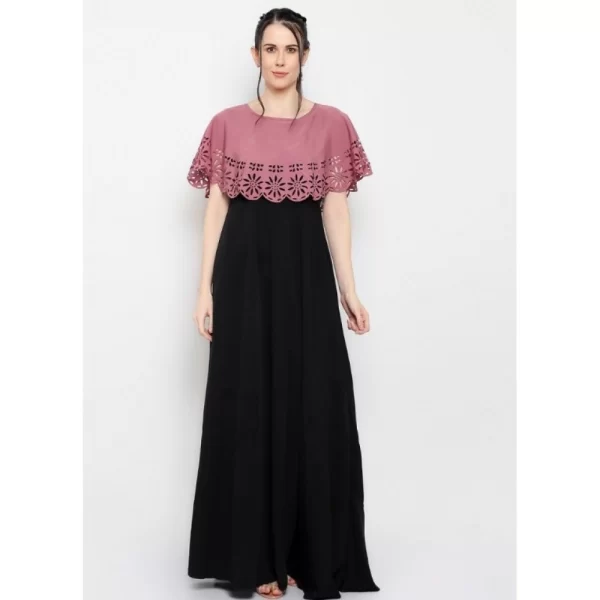 Generic Women's Crepe Solid Sleeveless Full Length Gown(Peach Black) - Image 6