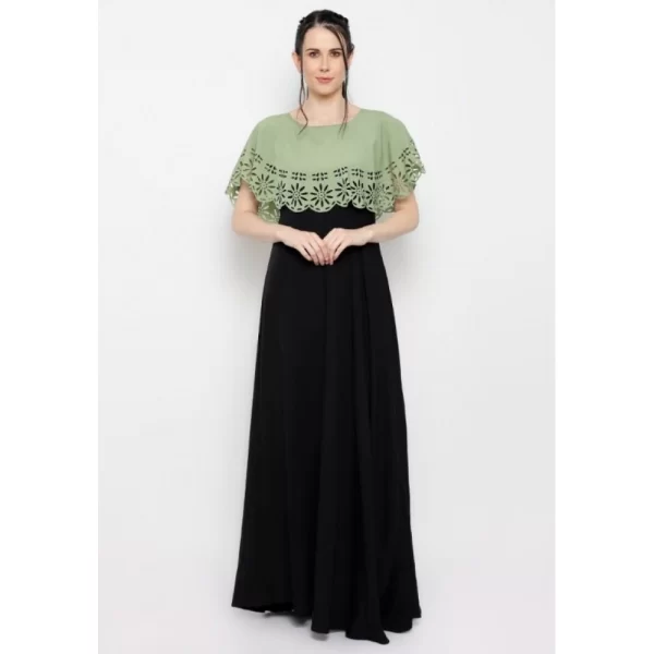 Generic Women's Crepe Solid Sleeveless Full Length Gown(Green Black) - Image 6