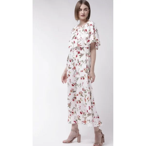 Generic Women's Crepe Floral Half Sleeves Full Length Gown(White) - Image 3