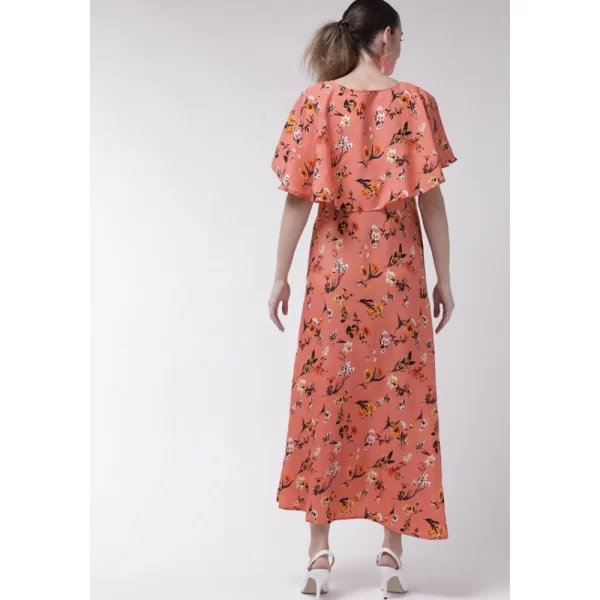 Generic Women's Crepe Floral Half Sleeves Full Length Gown(Orange) - Image 5
