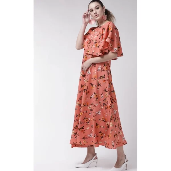 Generic Women's Crepe Floral Half Sleeves Full Length Gown(Orange) - Image 3
