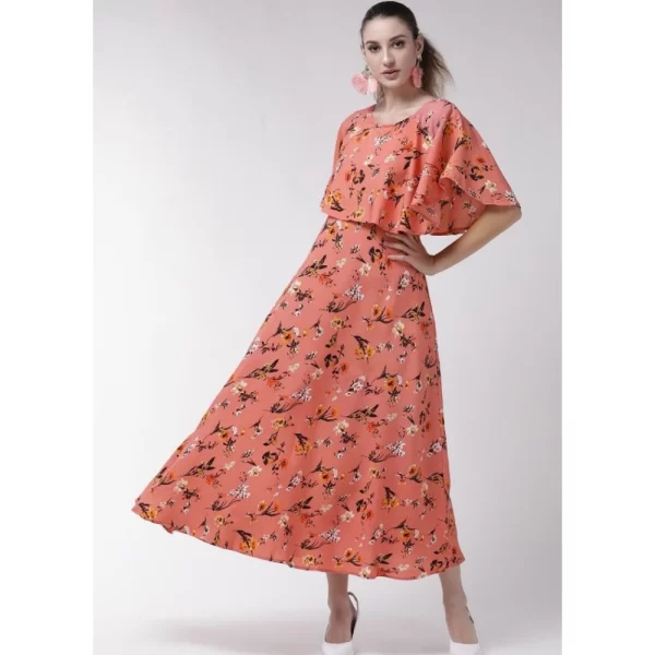 Generic Women's Crepe Floral Half Sleeves Full Length Gown(Orange) - Image 6
