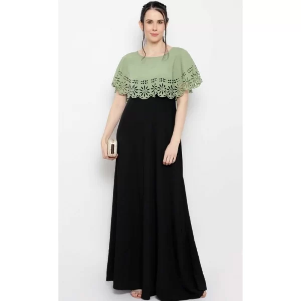 Generic Women's Crepe Solid Sleeveless Full Length Gown(Green Black) - Image 2