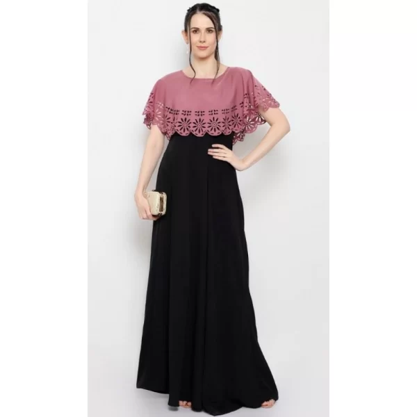 Generic Women's Crepe Solid Sleeveless Full Length Gown(Peach Black) - Image 2