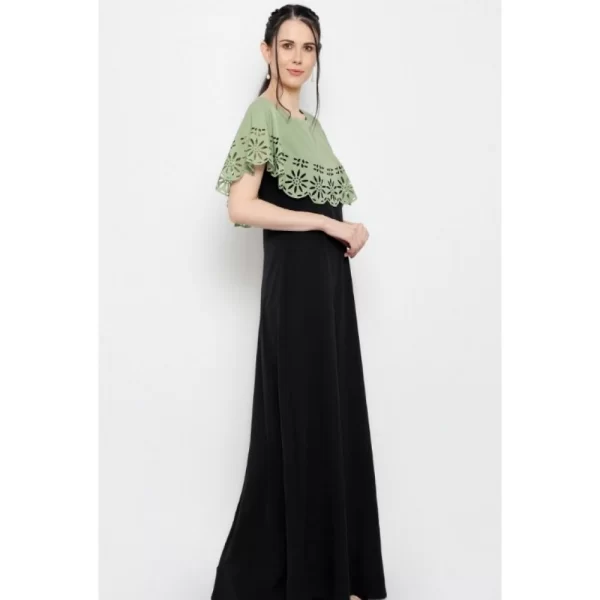 Generic Women's Crepe Solid Sleeveless Full Length Gown(Green Black) - Image 3