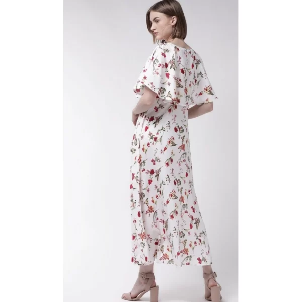 Generic Women's Crepe Floral Half Sleeves Full Length Gown(White) - Image 5