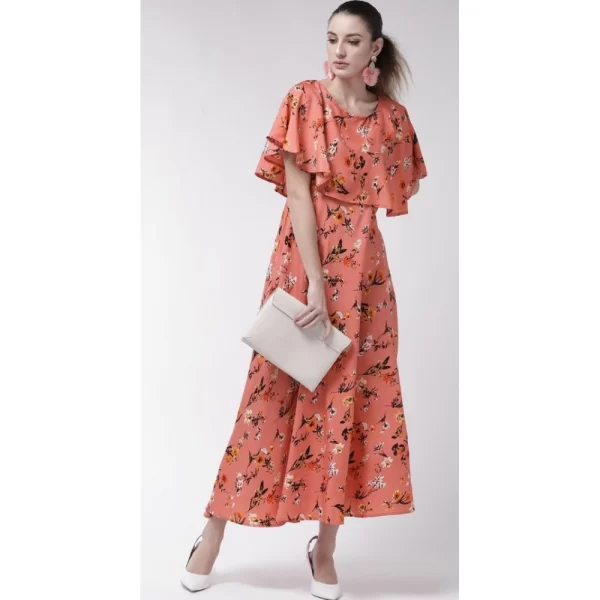 Generic Women's Crepe Floral Half Sleeves Full Length Gown(Orange) - Image 2