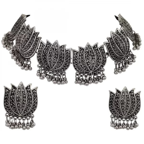 Generic Antique Silver Oxidised Tribal Afghani Necklace With Earrings Set For Women