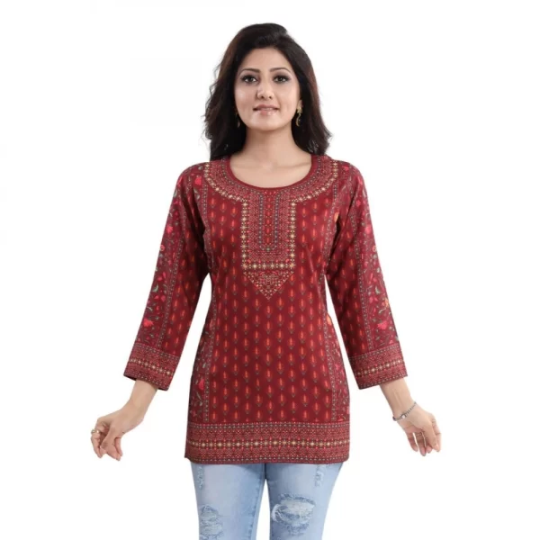 Generic Women's Quarter Sleeve Faux Crepe Printed Short Kurti Tunic Top (Color:Red)
