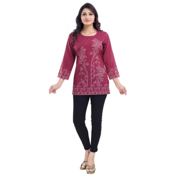 Generic Women's Quarter Sleeve Faux Crepe Printed Short Kurti Tunic Top (Color:Magenta) - Image 5