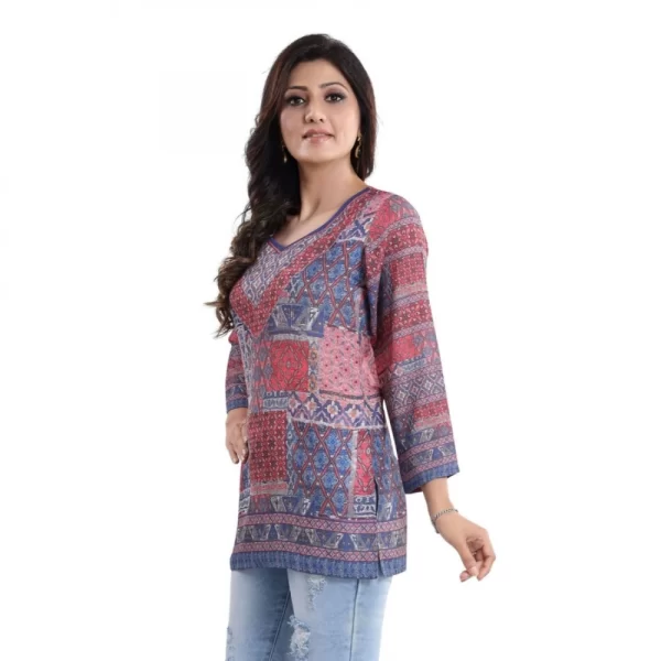 Generic Women's Quarter Sleeve Faux Crepe Printed Short Kurti Tunic Top (Color:Multicolor) - Image 4