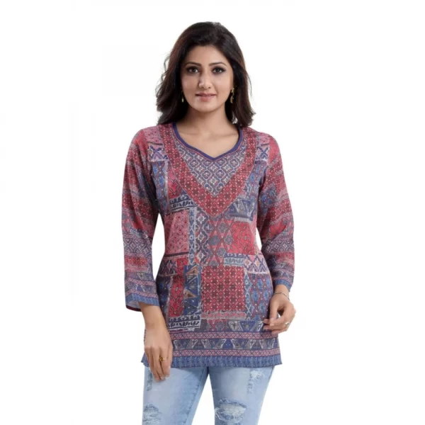 Generic Women's Quarter Sleeve Faux Crepe Printed Short Kurti Tunic Top (Color:Multicolor) - Image 6