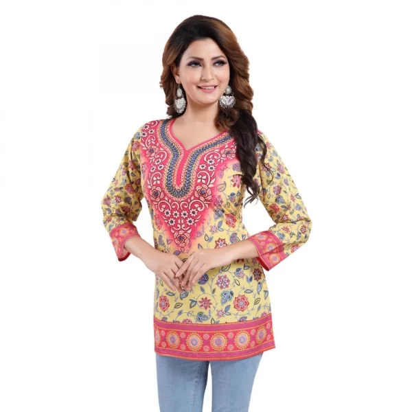 Generic Women's Quarter Sleeve Faux Crepe Printed Short Kurti Tunic Top (Color:Yellow) - Image 3