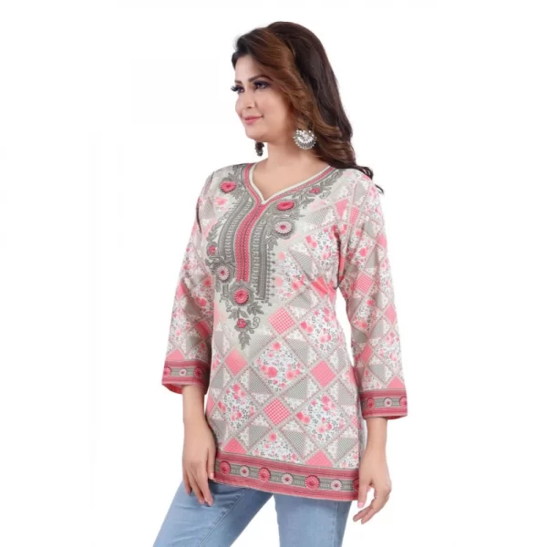 Generic Women's Quarter Sleeve Faux Crepe Printed Short Kurti Tunic Top (Color:Pink) - Image 3