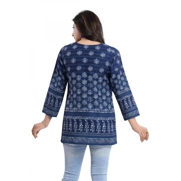 Generic Women's Quarter Sleeve Faux Crepe Printed Short Kurti Tunic Top (Color:Blue) - Image 2