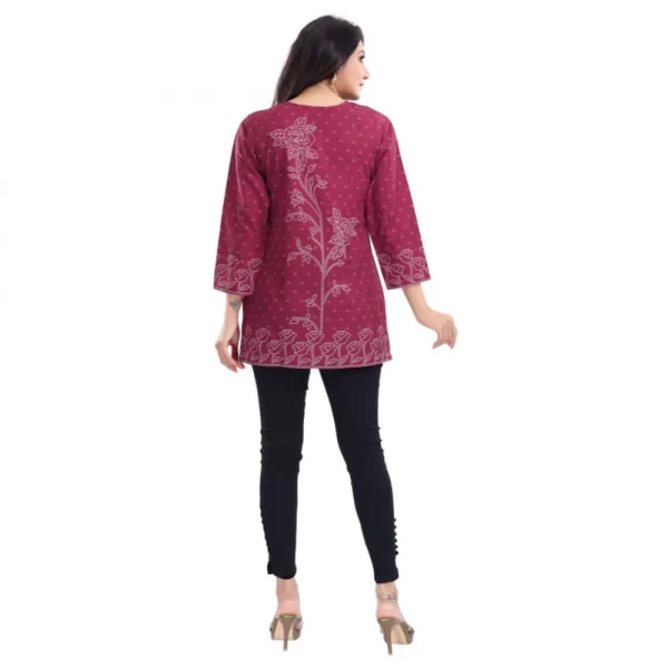 Generic Women's Quarter Sleeve Faux Crepe Printed Short Kurti Tunic Top (Color:Magenta) - Image 2