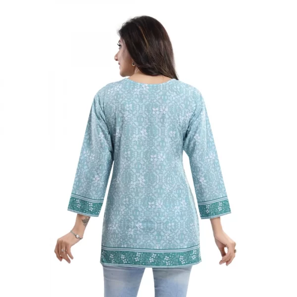 Generic Women's Quarter Sleeve Faux Crepe Printed Short Kurti Tunic Top (Color:Blue) - Image 2