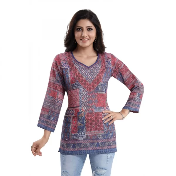 Generic Women's Quarter Sleeve Faux Crepe Printed Short Kurti Tunic Top (Color:Multicolor)