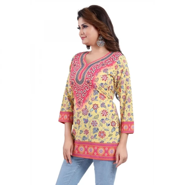 Generic Women's Quarter Sleeve Faux Crepe Printed Short Kurti Tunic Top (Color:Yellow) - Image 5