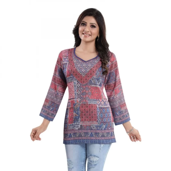 Generic Women's Quarter Sleeve Faux Crepe Printed Short Kurti Tunic Top (Color:Multicolor) - Image 3