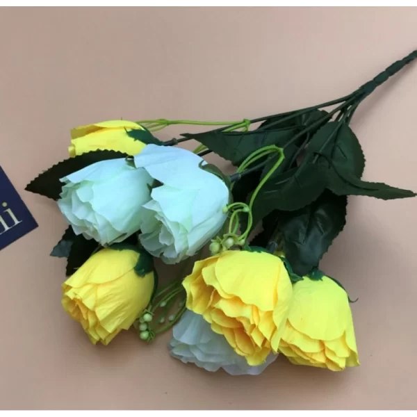 Generic Artificial Rose Flowers Bunch Bouquet Of 7 Roses For Home Decoration (Color: Yellow, Material: Silk Polyester) - Image 3