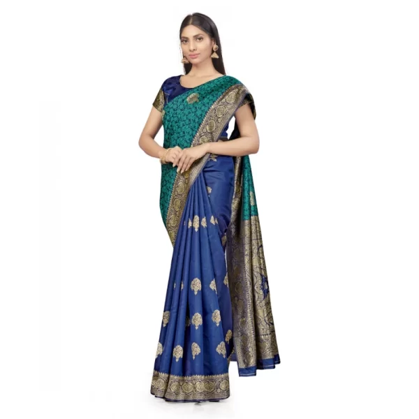 Generic Women's Banarasi Silk Saree With Blouse (Navy Blue, Rama, 5-6Mtrs) - Image 2