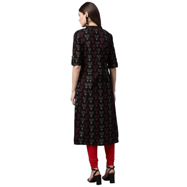 Generic Women's Cotton Printed A Line Kurti (Black, Cotton) - Image 2