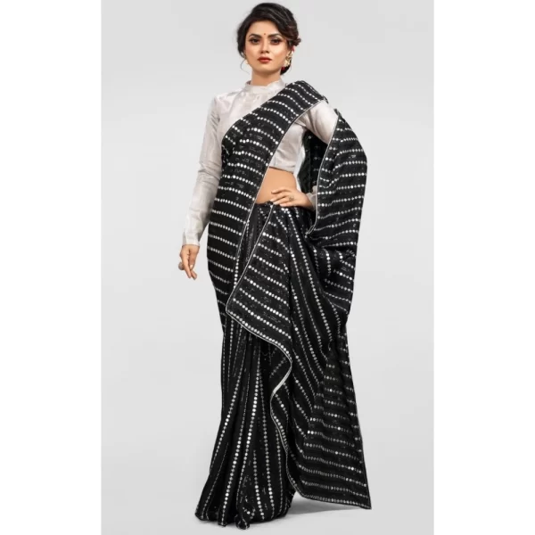 Generic Women's Vichitra Saree with Blouse (Silver, 5-6 Mtrs) - Image 3