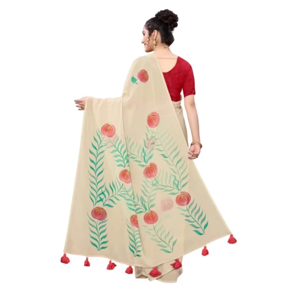 Generic Women's Georgette Floral Hand Printed Sarees (Beige, 5-6 Mtrs) - Image 4