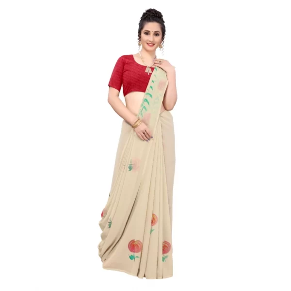 Generic Women's Georgette Floral Hand Printed Sarees (Beige, 5-6 Mtrs) - Image 3