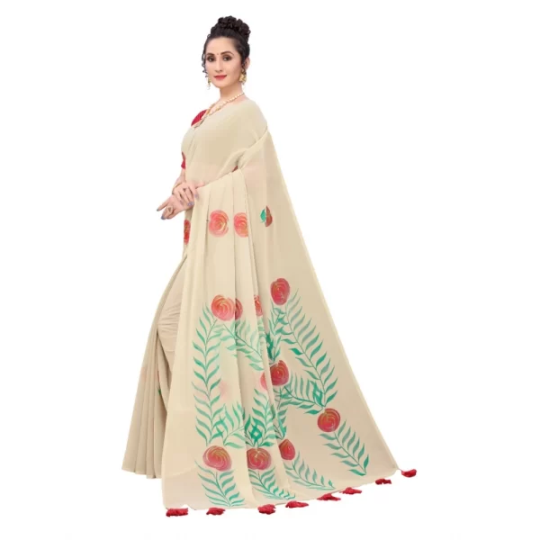 Generic Women's Georgette Floral Hand Printed Sarees (Beige, 5-6 Mtrs) - Image 2