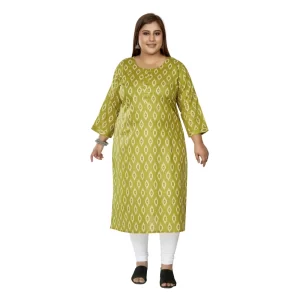 Generic Women's Casual 3/4th Sleeve Ikkat Printed Pure Cotton Straight Kurti (Pista Green)