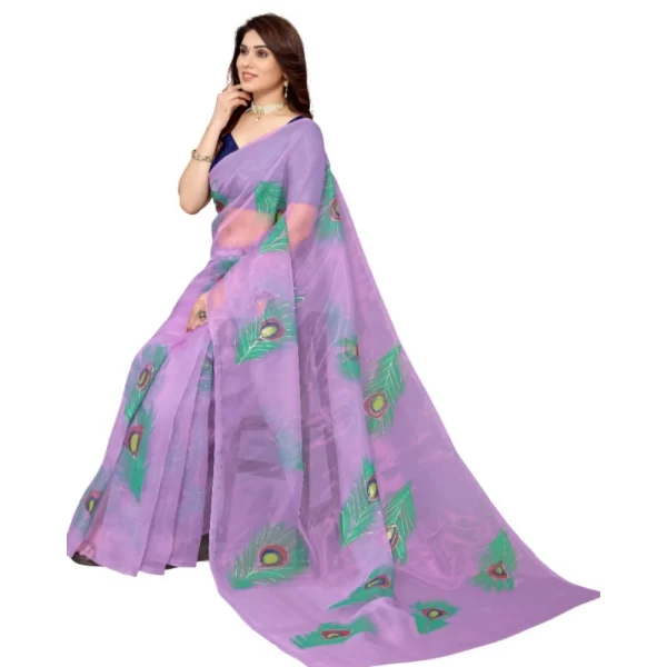 Generic Women's Organza Floral Pattern Sarees (Lavendor, 5-6 Mtrs) - Image 2