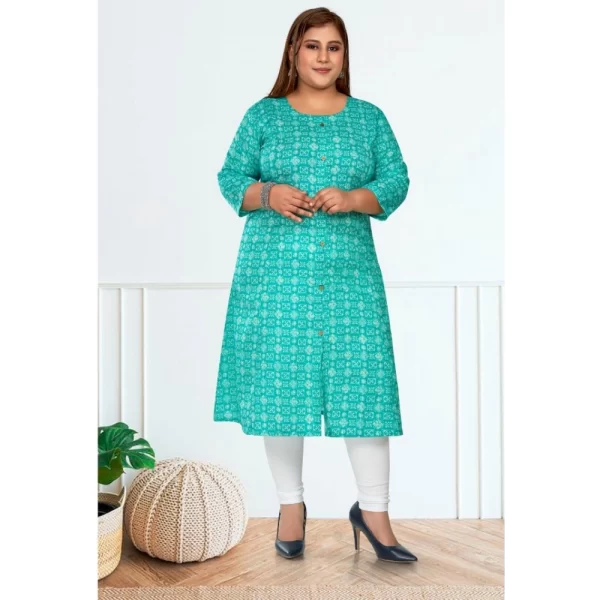 Generic Women's Casual 3/4th Sleeve Regular Printed Pure Cotton Prince Cut A-Line Kurti (Turquoise) - Image 2