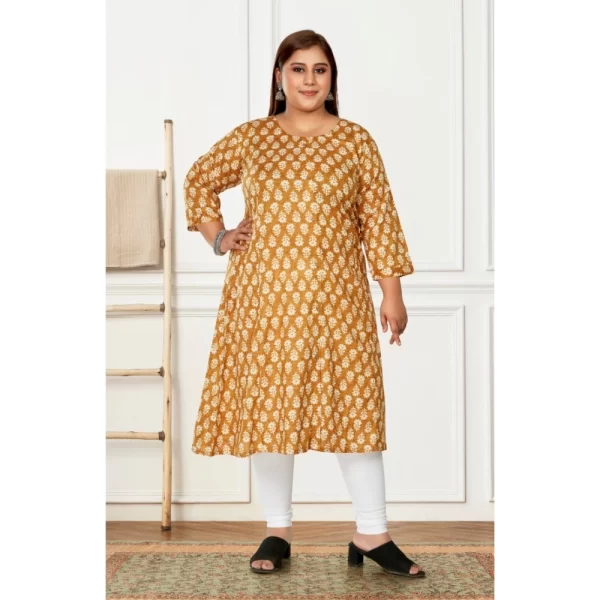 Generic Women's Casual 3/4th Sleeve Printed Pure Cotton Prince Cut A-Line Kurti (Mustard) - Image 2